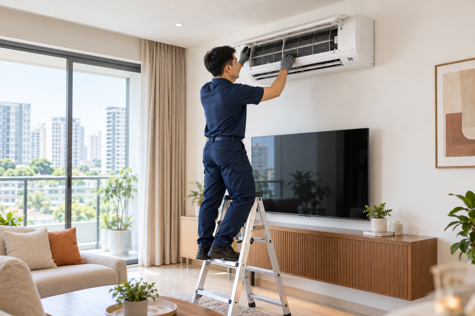 Illustrative aircon servicing in a modern home